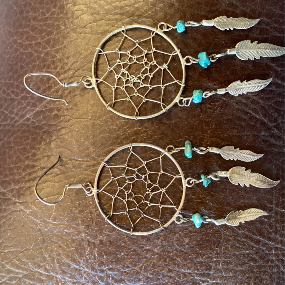 Earrings Dream Catcher. Large size 1 1/2" across.  Matched Natural Turquoise